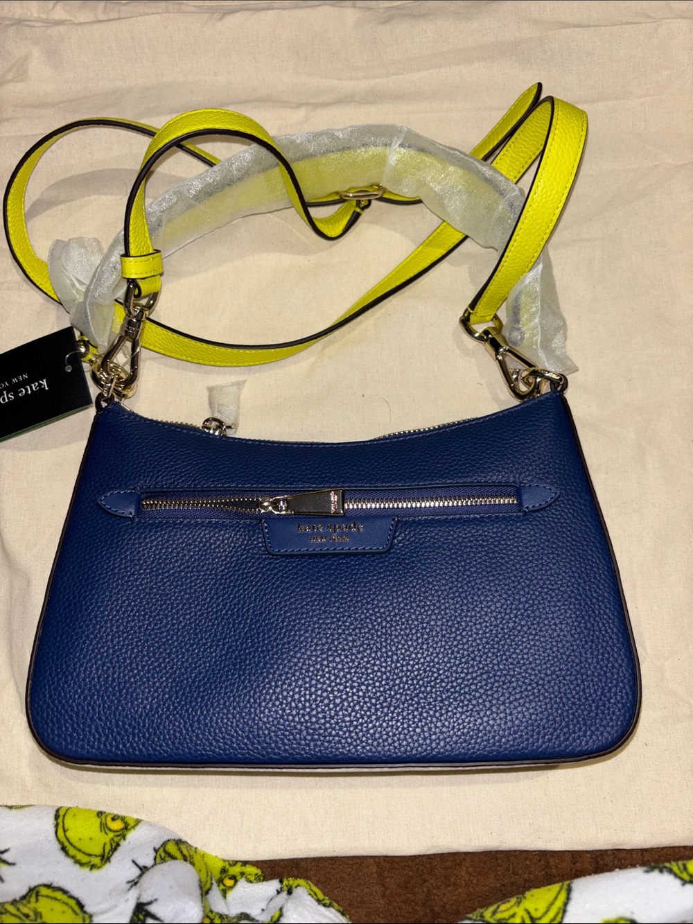 kate spade Navy Pebbled Leather Crossbody with Yellow Strap